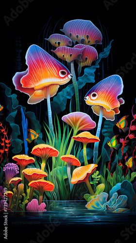 Magic mushrooms in the forest at night. Fantasy landscape with magic mushrooms.