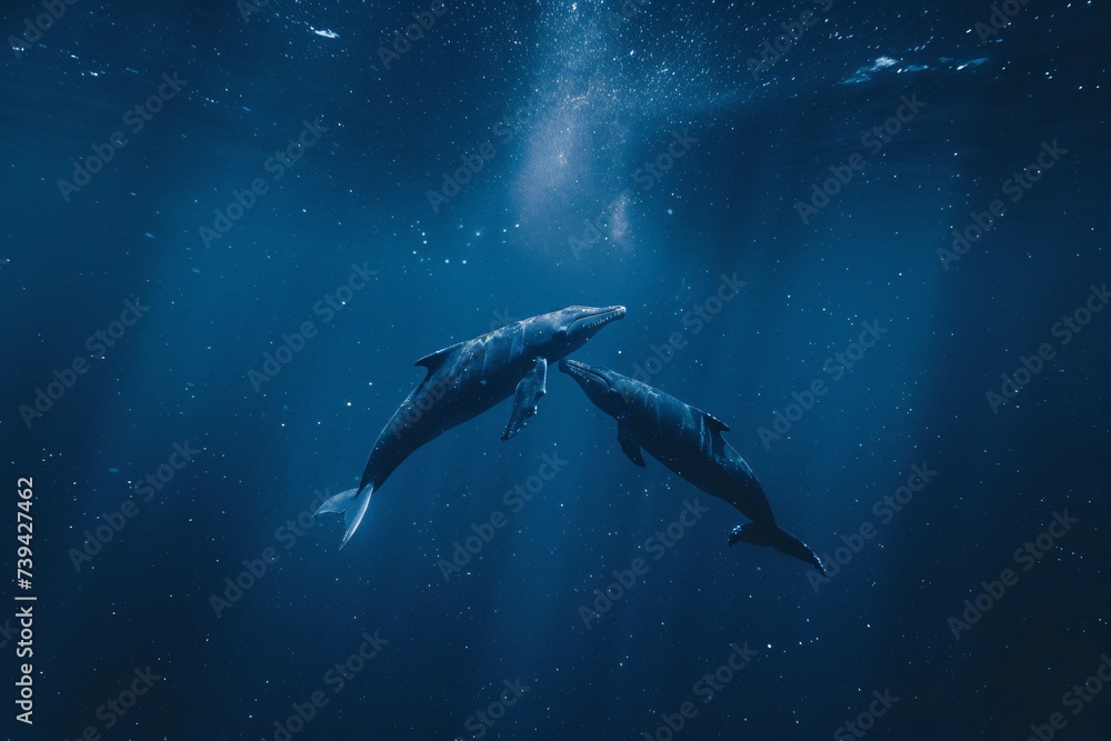 Fototapeta premium Whale couple beneath a starlit sky a symbol of romance in the vast ocean night