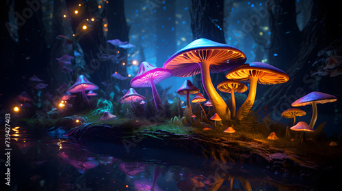 Magic mushrooms in the forest. Illustration on a black background.