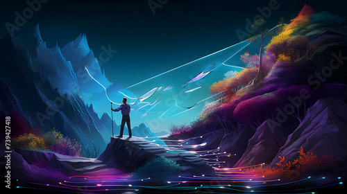 Man with a fishing rod on the background of the night landscape.