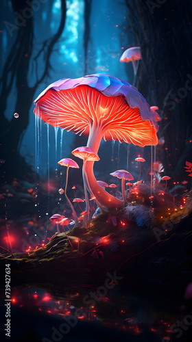 Mushrooms in the forest at night. 3D rendering.