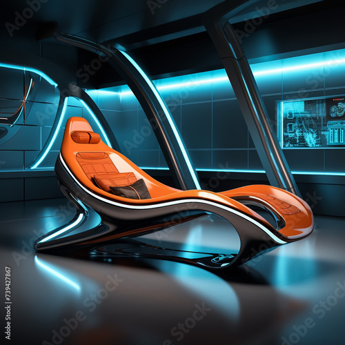 Futuristic white room with a modern chair . This is a 3d render illustration.