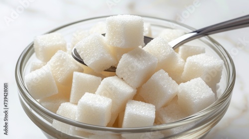 The white sugar cubes are taken out of a sugar bowl with a spoon.