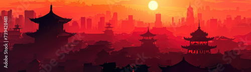 Cityscape anime background with a beautiful sunset in anime style. Retro red and wave Cyberpunk style illustration.