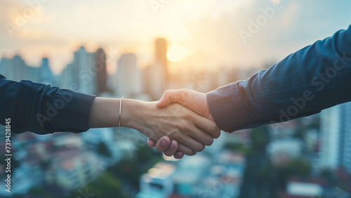 Businessman and business woman doing hand shake showcasing successful of business agreement or contract dealing