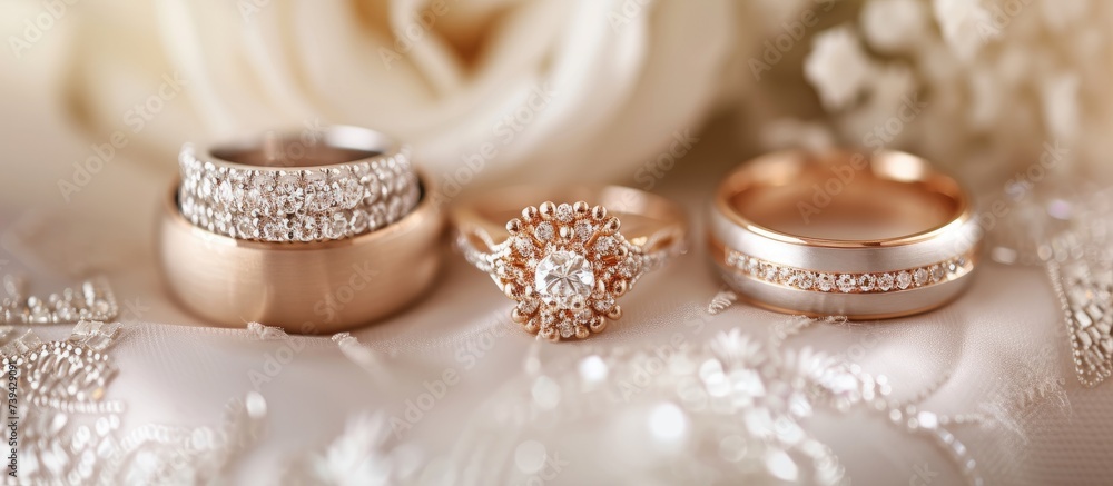 Beautiful wedding rings and delicate rose petals on a white background Beautiful wedding rings and delicate rose petals on a white background