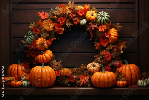 Autumnal harvest wreath with pumpkins gourds and. Generative ai
