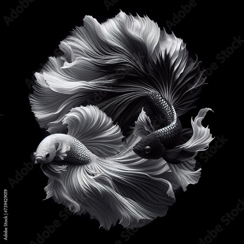 Two black and white betta fish movement beautiful, Siamese fighting fish on black background. Generative ai © DSM