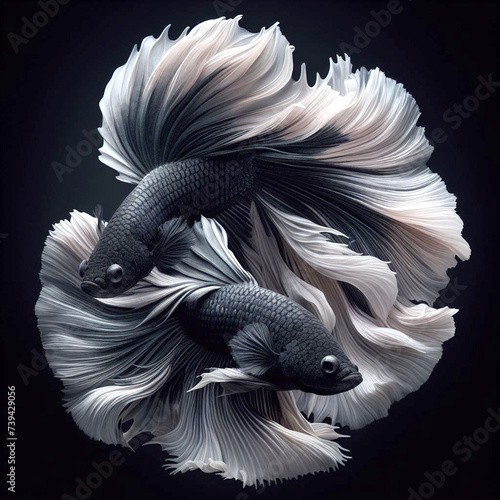 Two black and white betta fish movement beautiful, Siamese fighting fish on black background. Generative ai © DSM