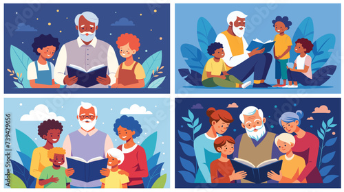 Grandfather Reading to Grandchildren in Various Settings