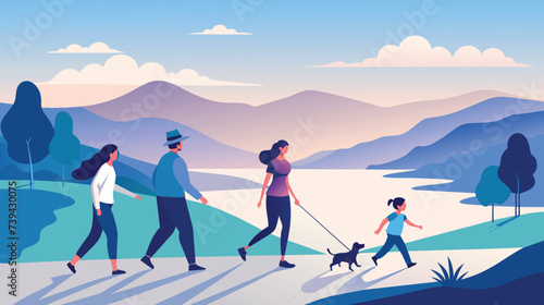 Family Hiking With Dog in Scenic Mountain Landscape