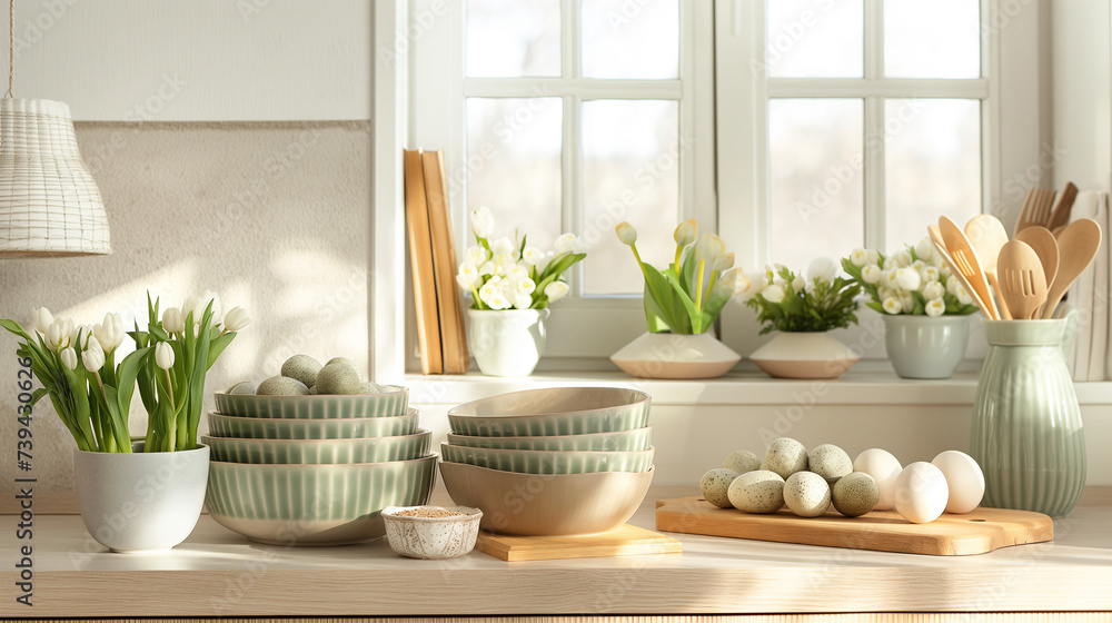 custom made wallpaper toronto digitalCozy kitchen interior with fresh bread, eggs, and white tulips on wooden table. Home cooking and springtime concept for design and print.