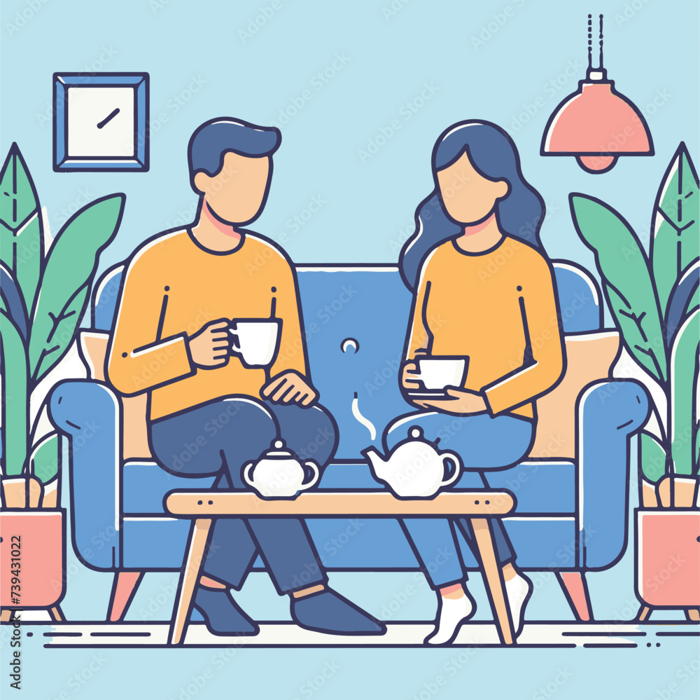 A flat vector illustration design with a husband and wife sitting on the sofa having tea.