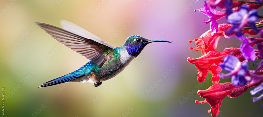 Fototapeta premium Blue hummingbird Violet Sabrewing flying next to beautiful red flower. blurry background 