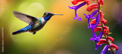 Blue hummingbird Violet Sabrewing flying next to beautiful red flower. blurry background 