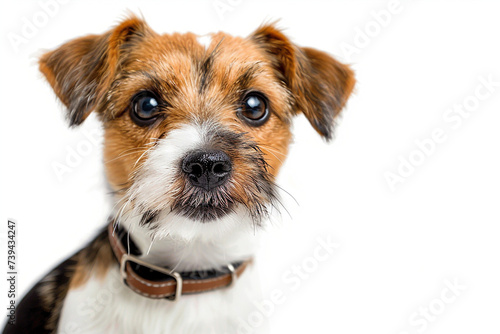 Small dog wearing a stylish collar, posing for the camera on transparent background.