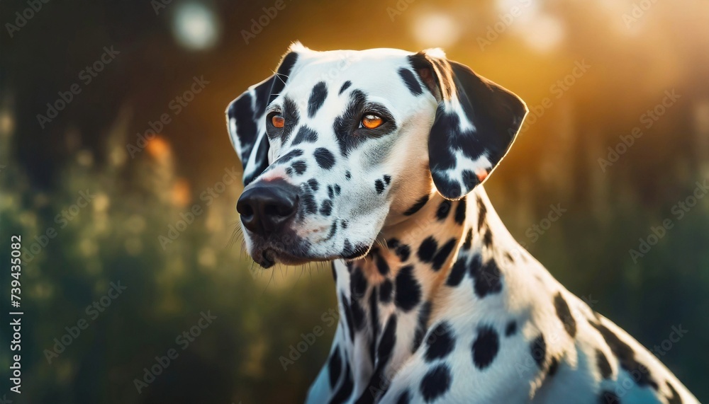 Portrait of Dalmatian breed dog. Cute pet posing outdoor. Canine companion.
