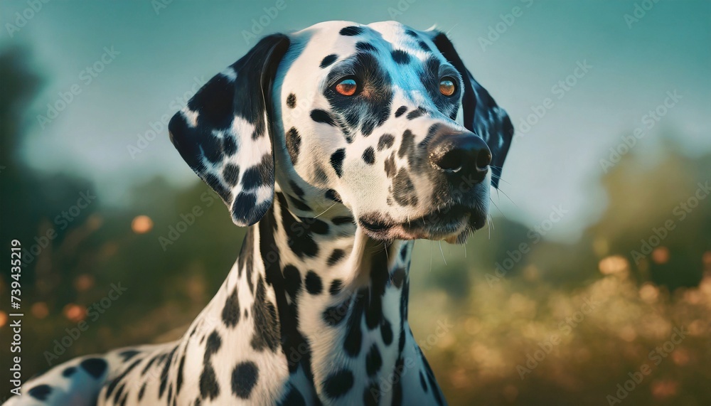 Portrait of Dalmatian breed dog. Cute pet posing outdoor. Canine companion.