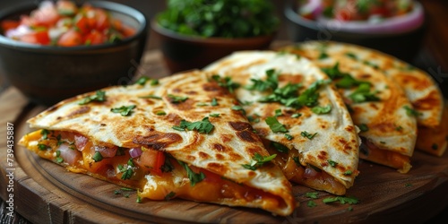 Traditional Mexicans quesadillas with sliced ham also on wooden background