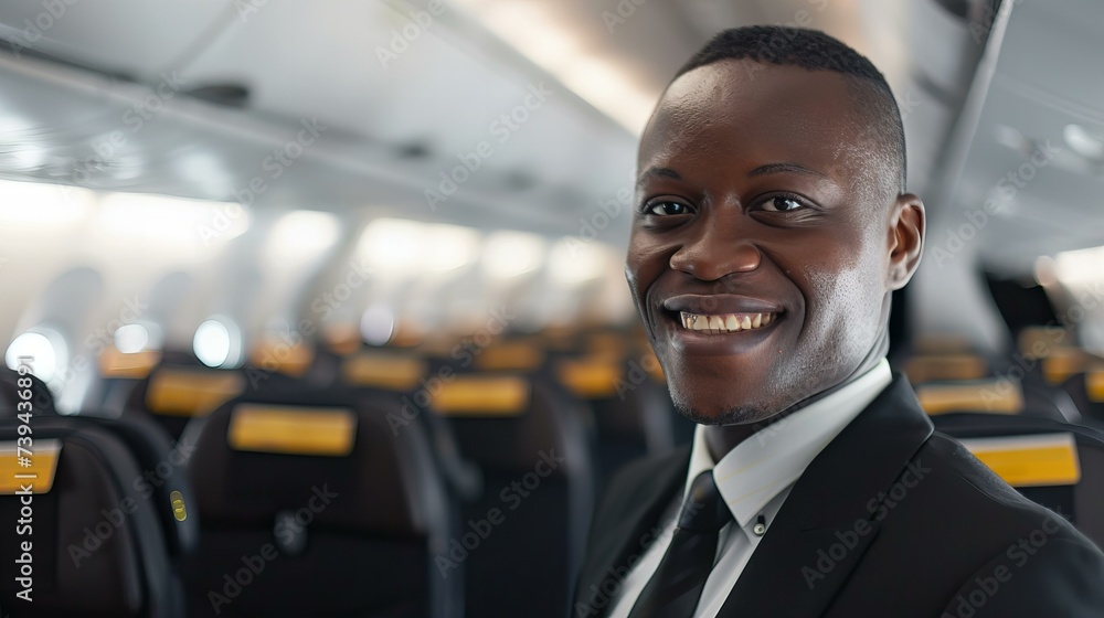 smiling businessman in suit and tie onboard a plane