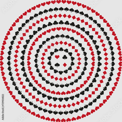 Card suit. Hearts, diamonds, spades and clubs. Playing cards. Op art. Vector illustration.