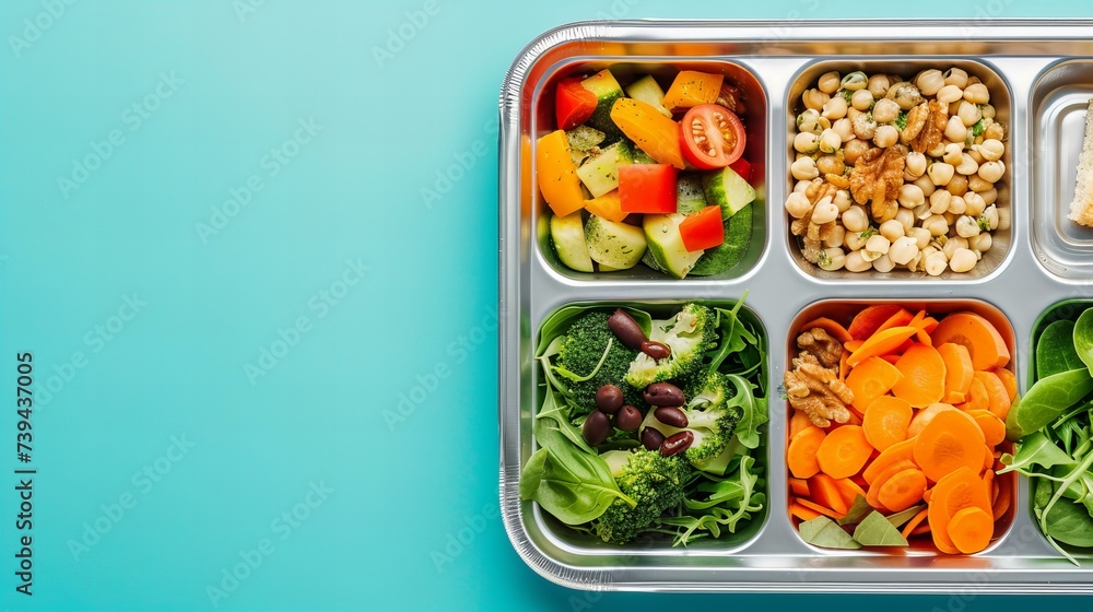 canteen metal tray with fresh healthy food, top view with copy space isolated on turquoise canteen metal tray with fresh healthy food, top view with copy space isolated on turquoise