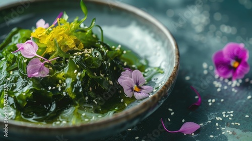 Food with sea veggies. Concept of healthy plant-based edible seaweed food. Vegan edible marine algae super food