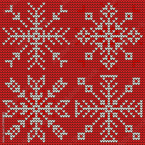 Snowflakes on a knitted pattern. Vector illustration. Set of four Christmas winter symbols on a red seamless background. Texture of a knitted sweater.