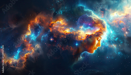 An astrological chart displaying the symbols of Virgo  surrounded by colorful space galaxy cloud nebula