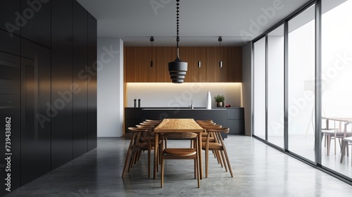 Interior of modern kitchen with white walls  concrete floor  gray cupboards  wooden countertops and round dining table with wooden chairs