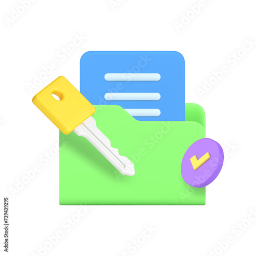 Document data information folder key takeaway password pass protection 3d icon realistic vector