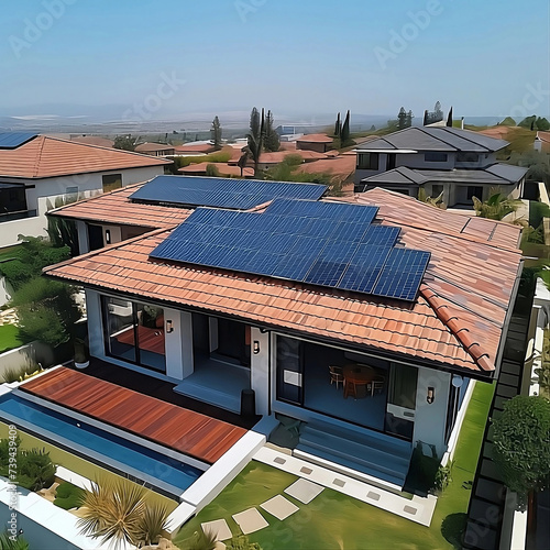 Puesta a punto de placas solares en tejado de vivienda. Generative AI.
