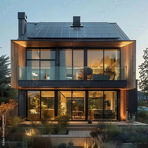Diseño de vivienda de dos plantas con amplias ventanas y placas solares en su tejado. Generative AI. photo