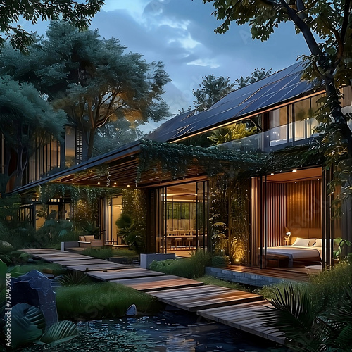 Vivienda moderna estilo japonés en plena naturaleza de madera con placas solares. Generative AI. photo