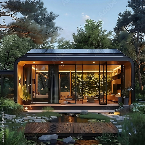 Diseño de vivienda futurista rectangular en plena naturaleza con amplios ventanales y placas solares en el techo. Generative AI. photo