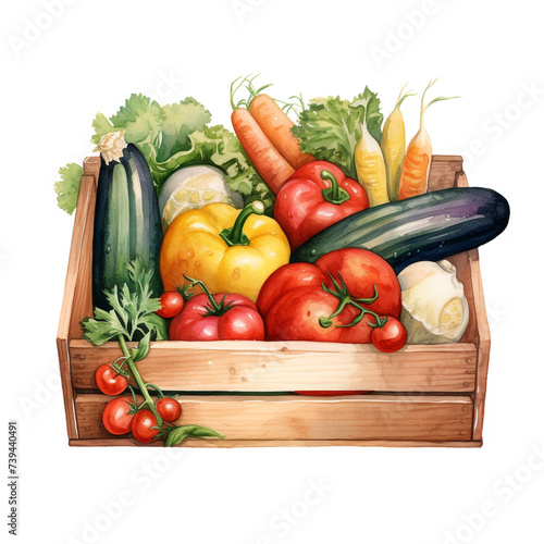 Hands holding wooden box with vegetables watercolor
