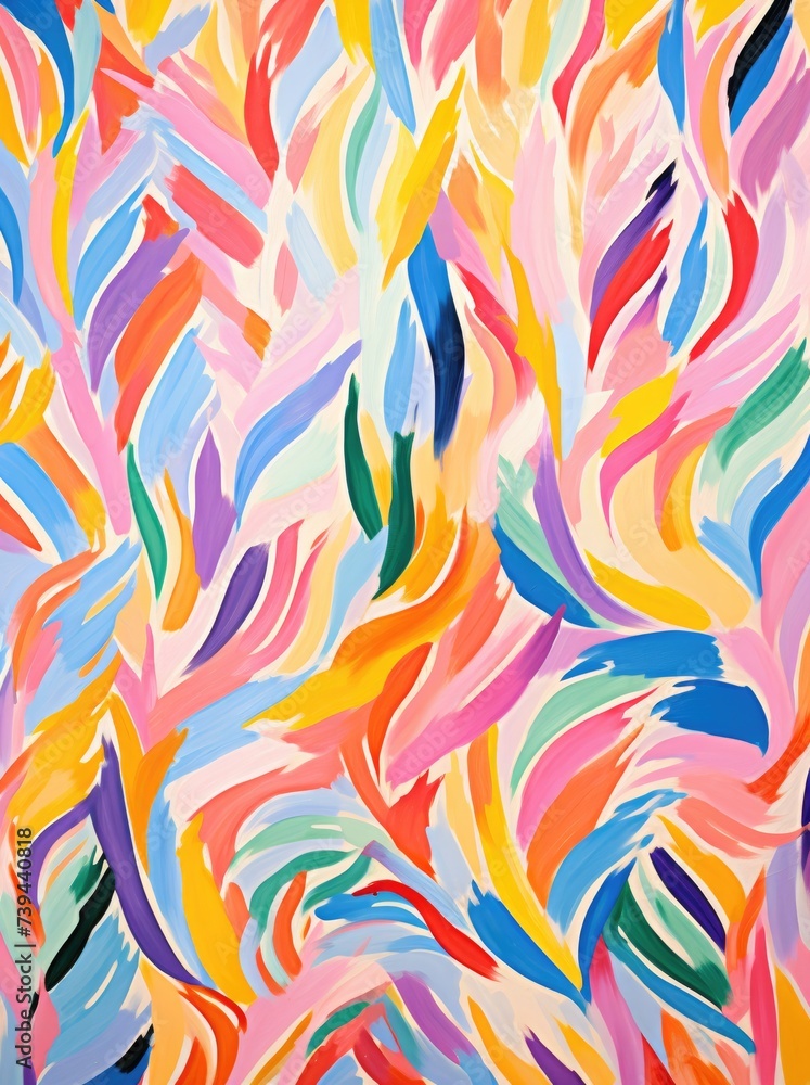 Obraz premium A vibrant painting featuring colorful feathers, set against a clean white background. Perfect for adding a pop of color to any space.