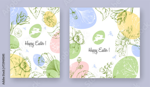 Easter vertical and square banner templates with colored eggs, hand drawn spring flowers, on light background with greeting text. Trendy and elegant minimal style. Vector illustration