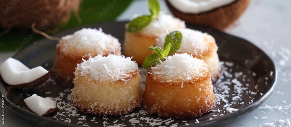 Delicious coconut desserts served on a coconut-themed plate