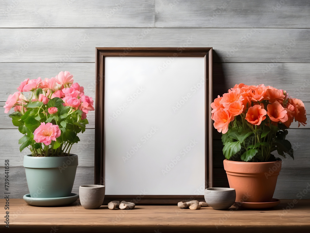 Close-up of a blank frame with a background design, an empty frame on a floral-filled table design. Close-up of a blank frame with a background design, an empty frame on a floral-filled table design.