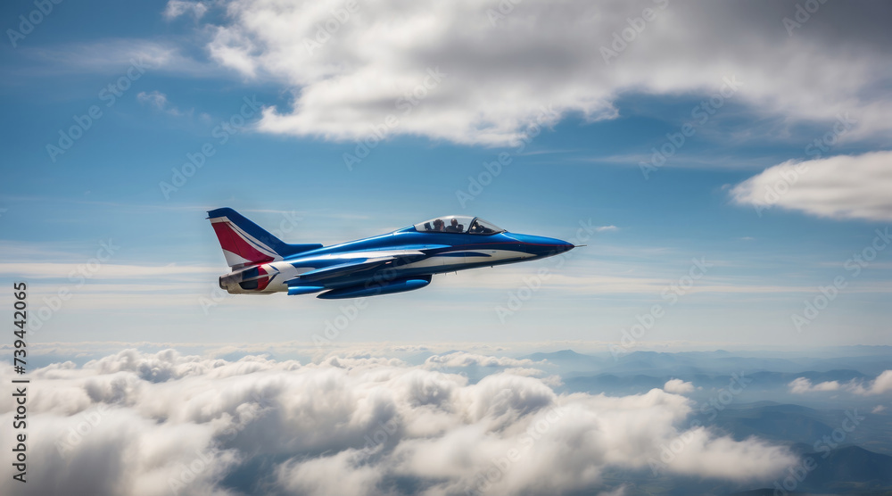 High-Altitude Flight of a Blue and White Jet Aircraft Above the Clouds - obrazy, fototapety, plakaty 