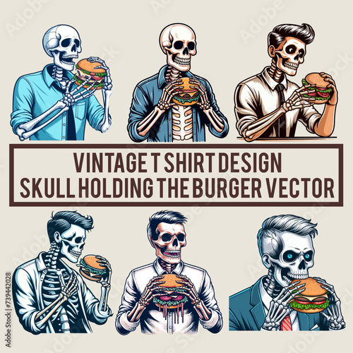 Vintage t shirt design skull holding the burger vector collection