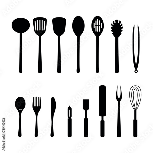 Icon Cooking utensil set of tools. Vector Kitchen tools black isolated vector icons. Slotted turner, spoon, knives, whisk, pasta server icons.