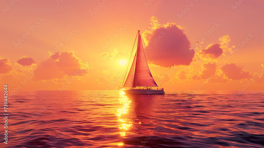 An illustration depicts a sailboat amidst the serene ocean, bathed in the golden rays of sunset