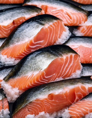 sliced salmon, isolated white background, copy space for text