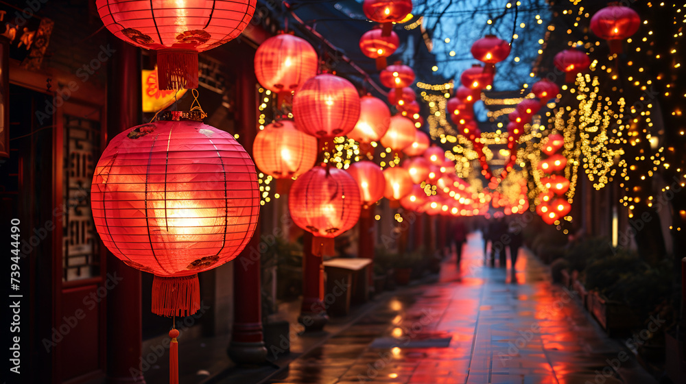 Chinese red lantern in the night of Chinese New Year Generative Ai