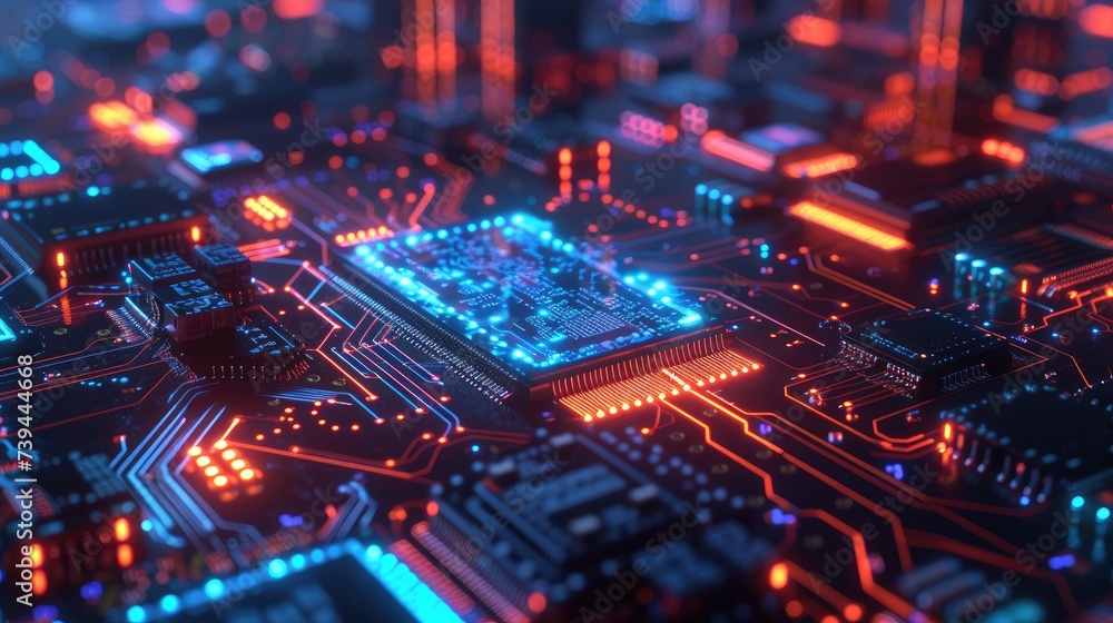 Close-up of a microchip in the center of a circuit board featuring intricate lines and glowing electronic components.