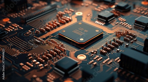 Close-up of a microchip in the center of a circuit board featuring intricate lines and glowing electronic components.