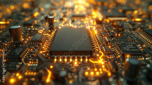 Close-up of a microchip in the center of a circuit board featuring intricate lines and glowing electronic components.