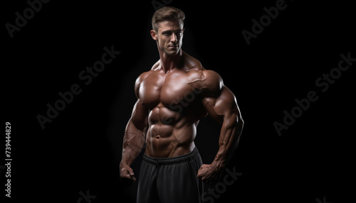 Muscular man showing muscles isolated on the black background